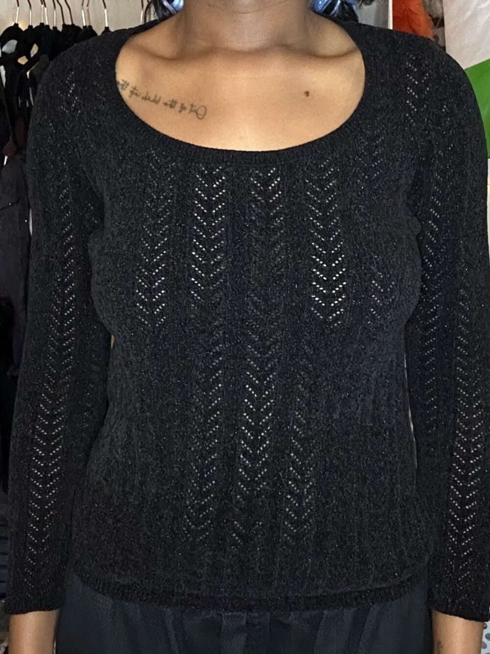 Black Scoop Neck Pointelle Sweater